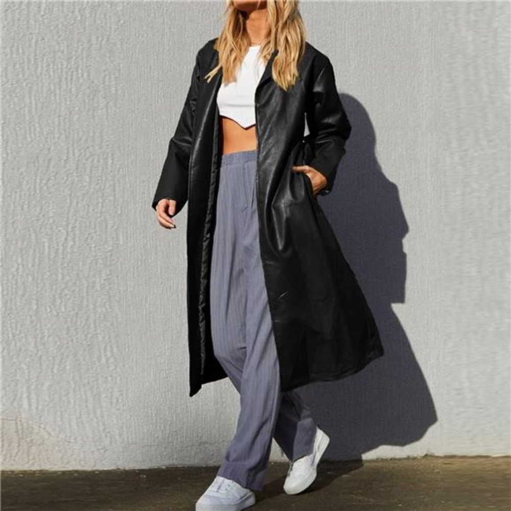 Black Faux Leather Long Trench‎ Coat Lapeled Open Front Moto Blazer Jacket
